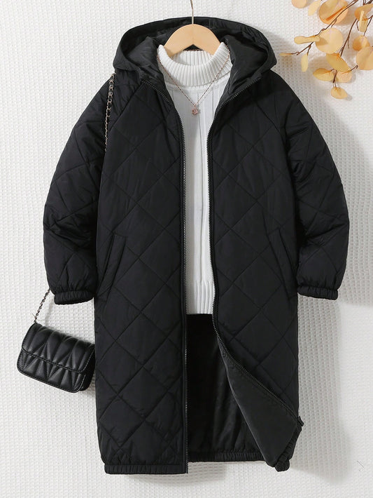 Tween Girl Thickened Hooded Long Coat With Plaid Woven Fabric Lining And Pockets