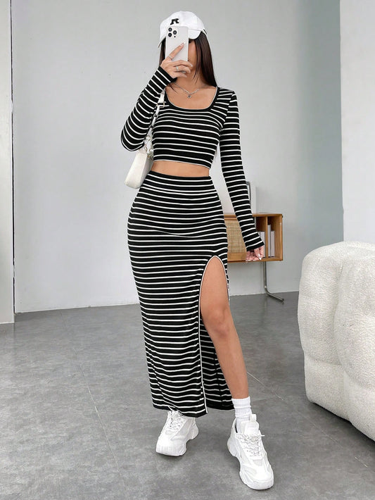 Striped Print Crop Tee & Split Thigh Skirt