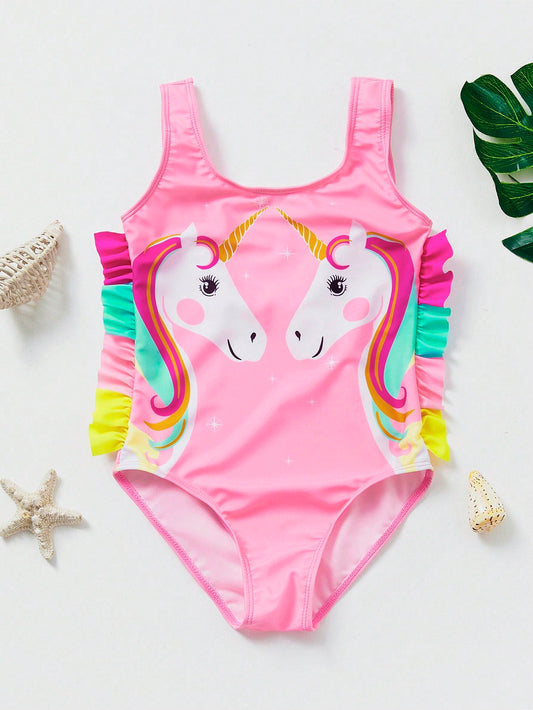 Young Girl Unicorn Print Ruffle Trim One Piece Swimsuit