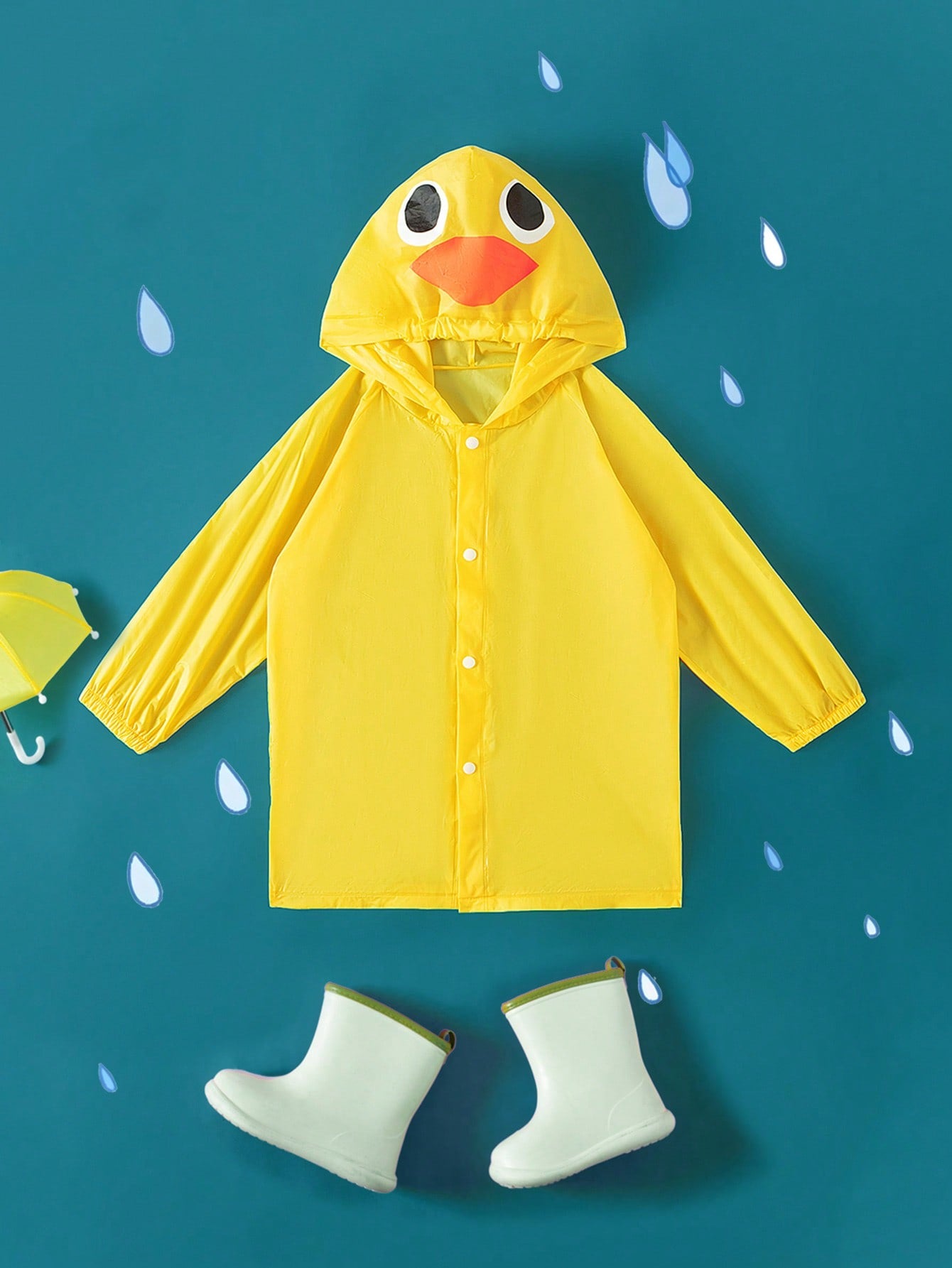 Girls' Yellow Duck Shaped Printed Raincoat For All Seasons