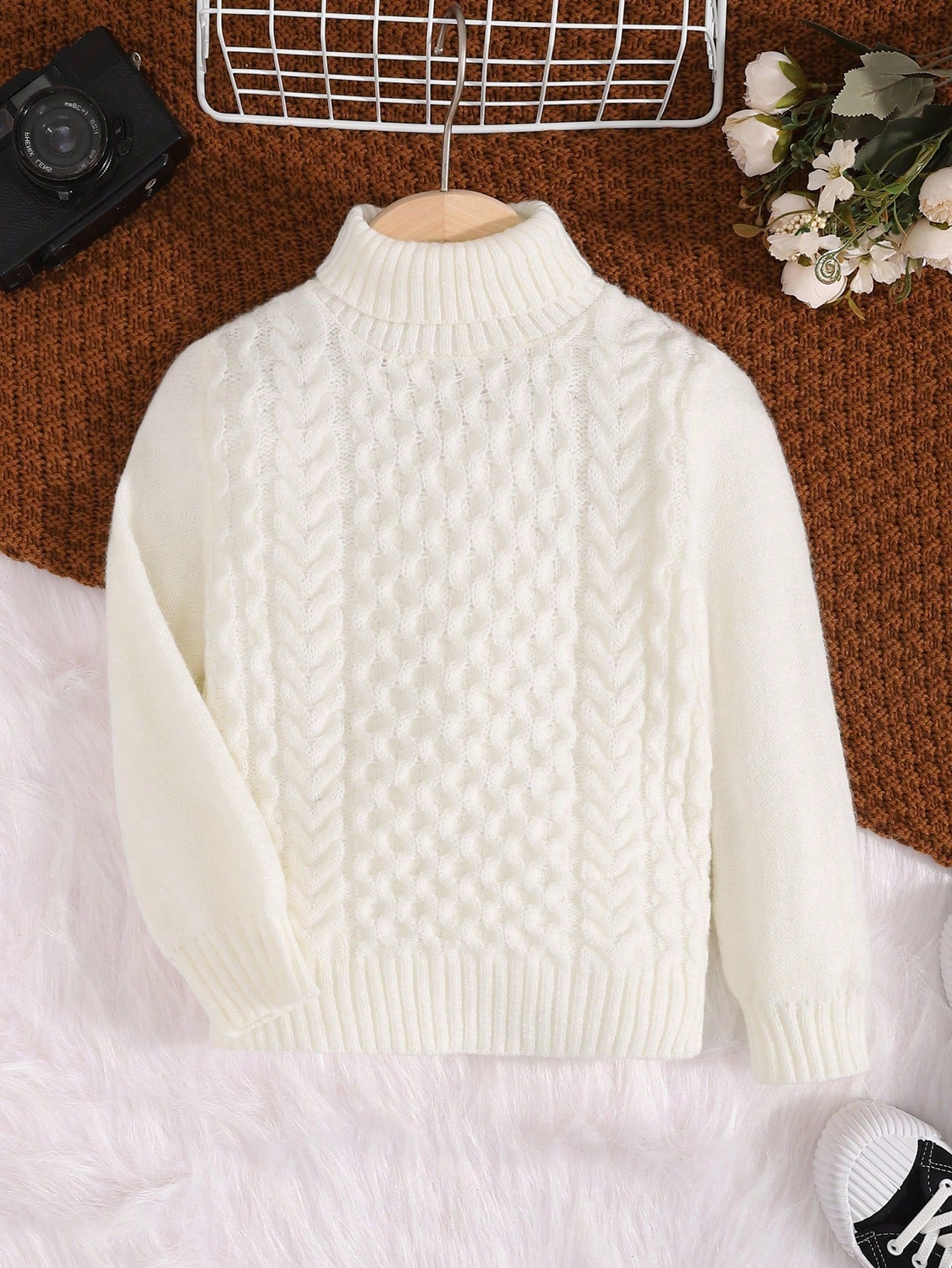 Young Boy Loose Fit Casual Cable Knit High Neck Sweater, Warm And Versatile, Autumn, Winter