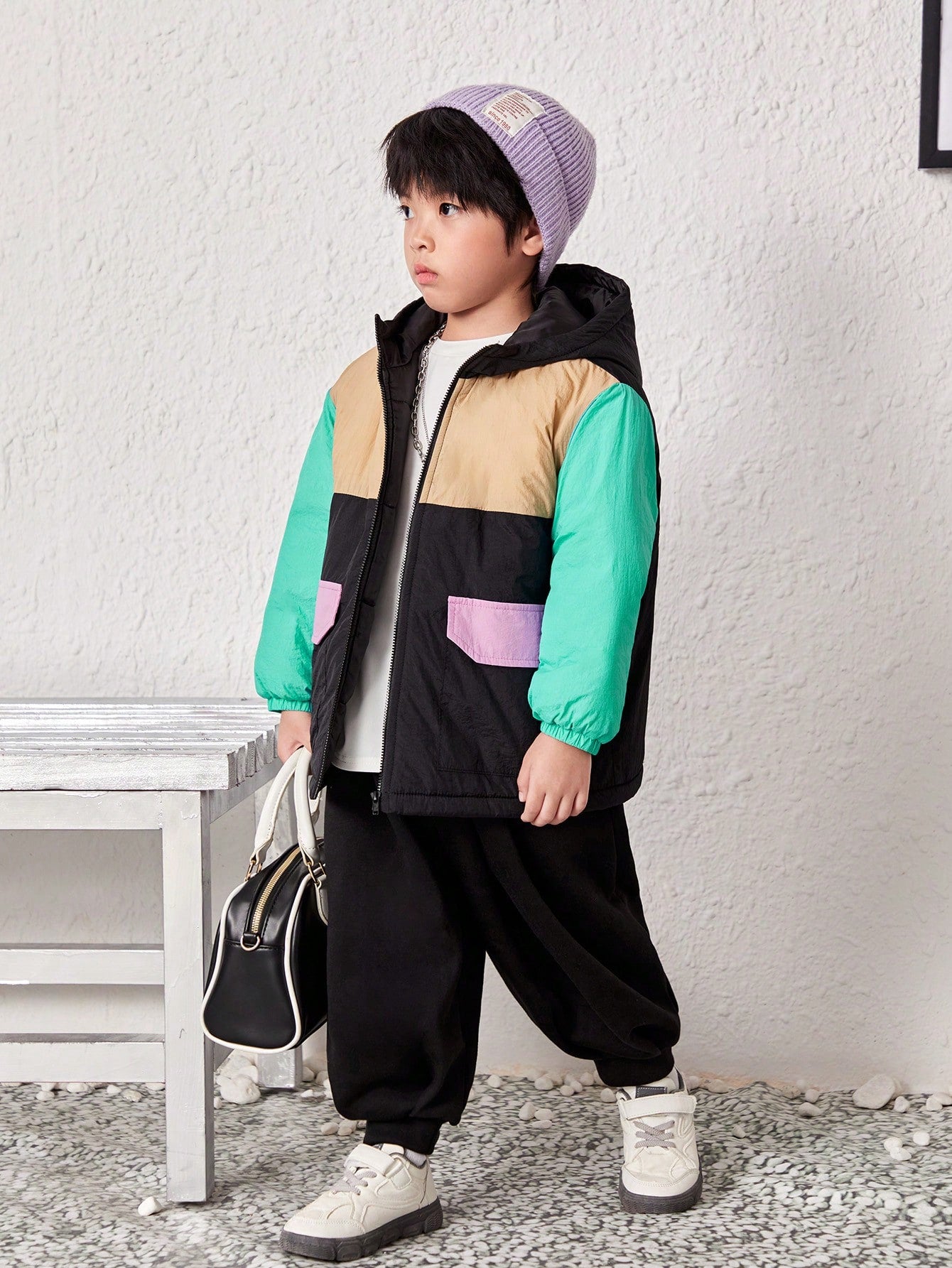 Young Boy Colorblock Zip Up Hooded Winter Coat