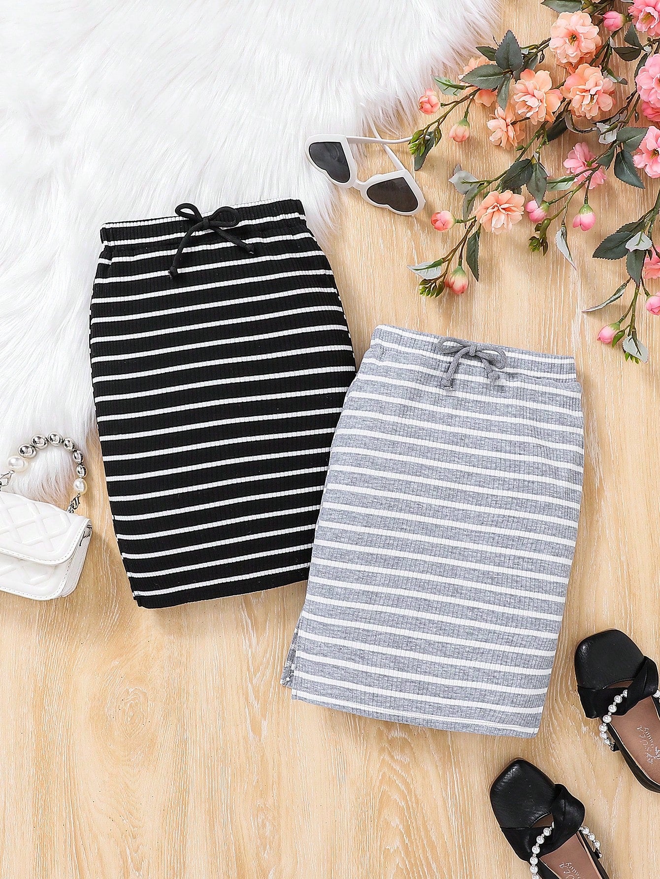 Young Girl 2pcs Striped Print Knot Waist Rib-knit Skirt