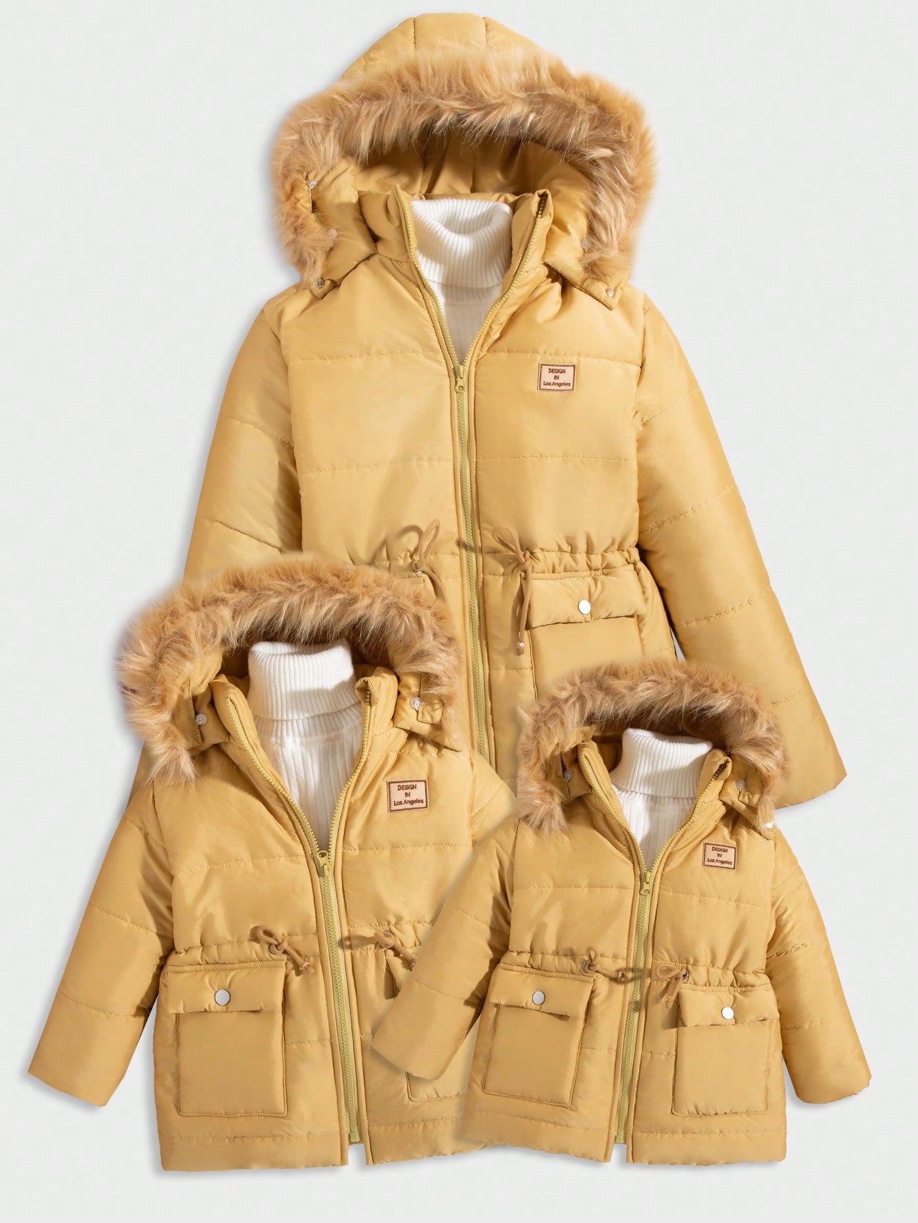 Girls' Collar Hooded Padded Coat, Mother And Daughter (3 Pieces Sold Separately)