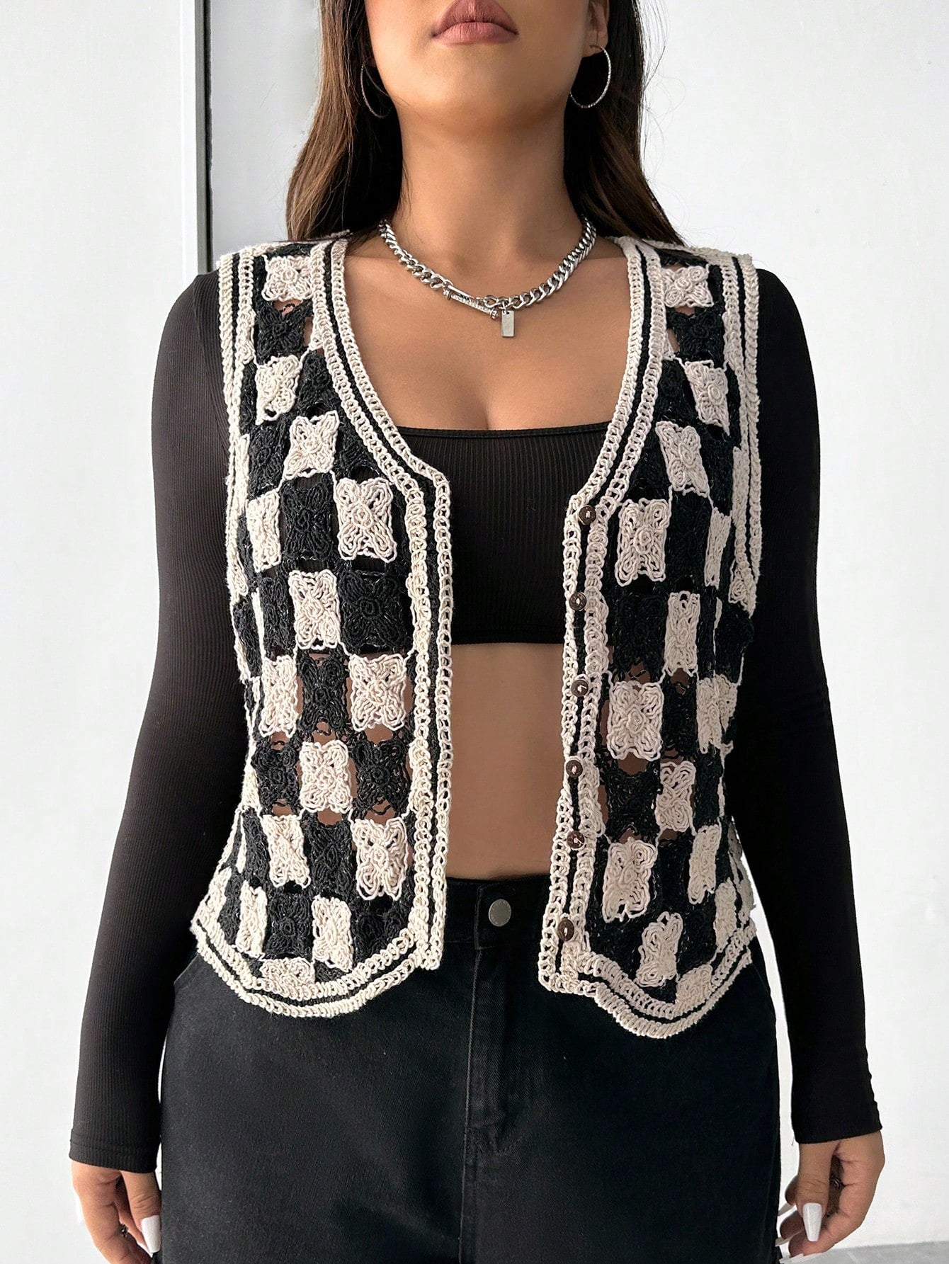 Plus Checker Pattern Striped Trim Vest Cardigan