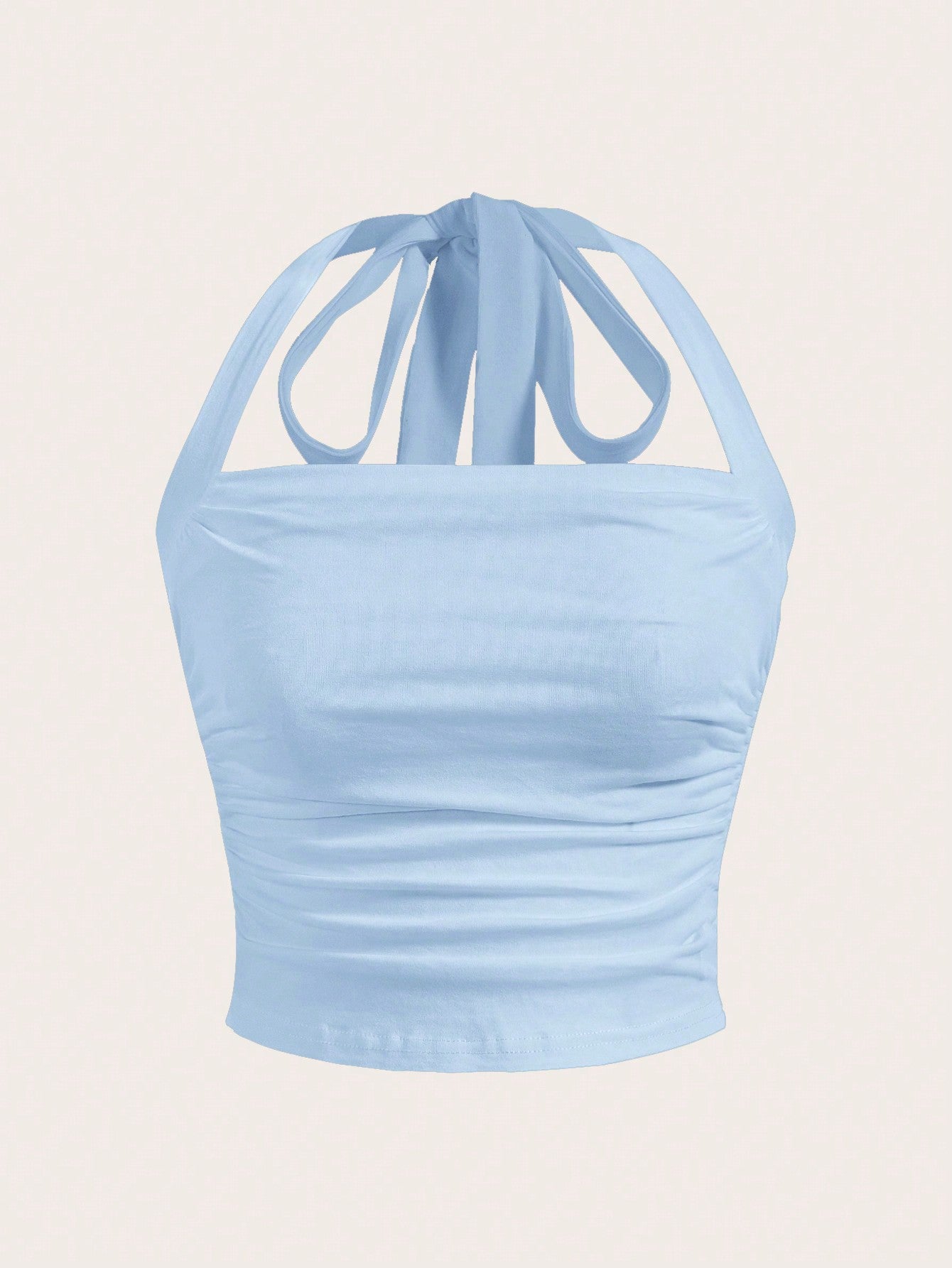 Women Summer Solid Color Pleated Blue Knitted Halter Neck Tank Top