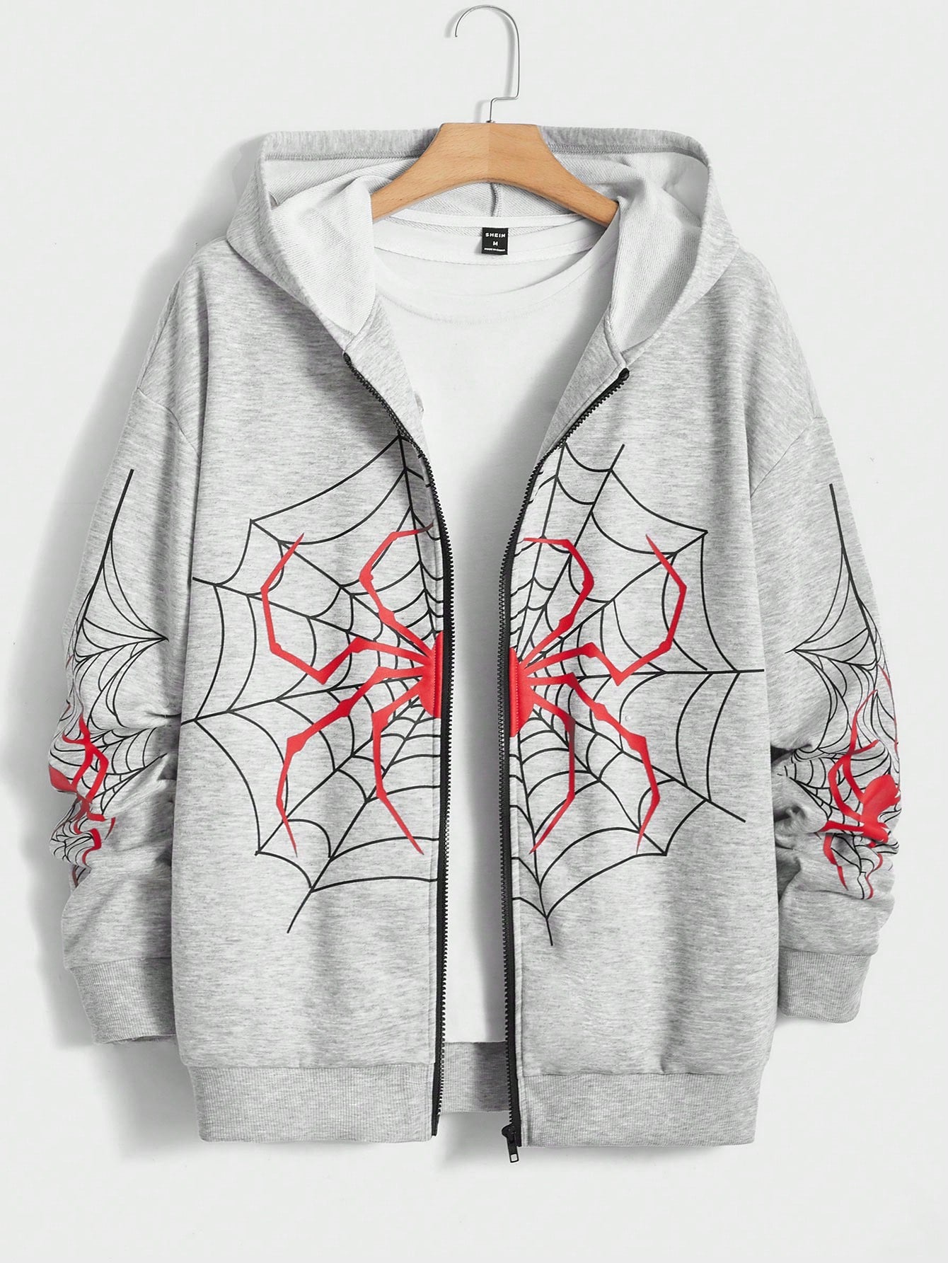 Loose-Fit Men's Spider Web Print Zip-Up Hoodie Without T-Shirt