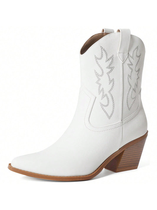 Cowgirl Boots For Women Embroidered Cowboy Boots Pointed Toe Ankle Boots Chunky Western Boots Pull-On Mid Calf Booties