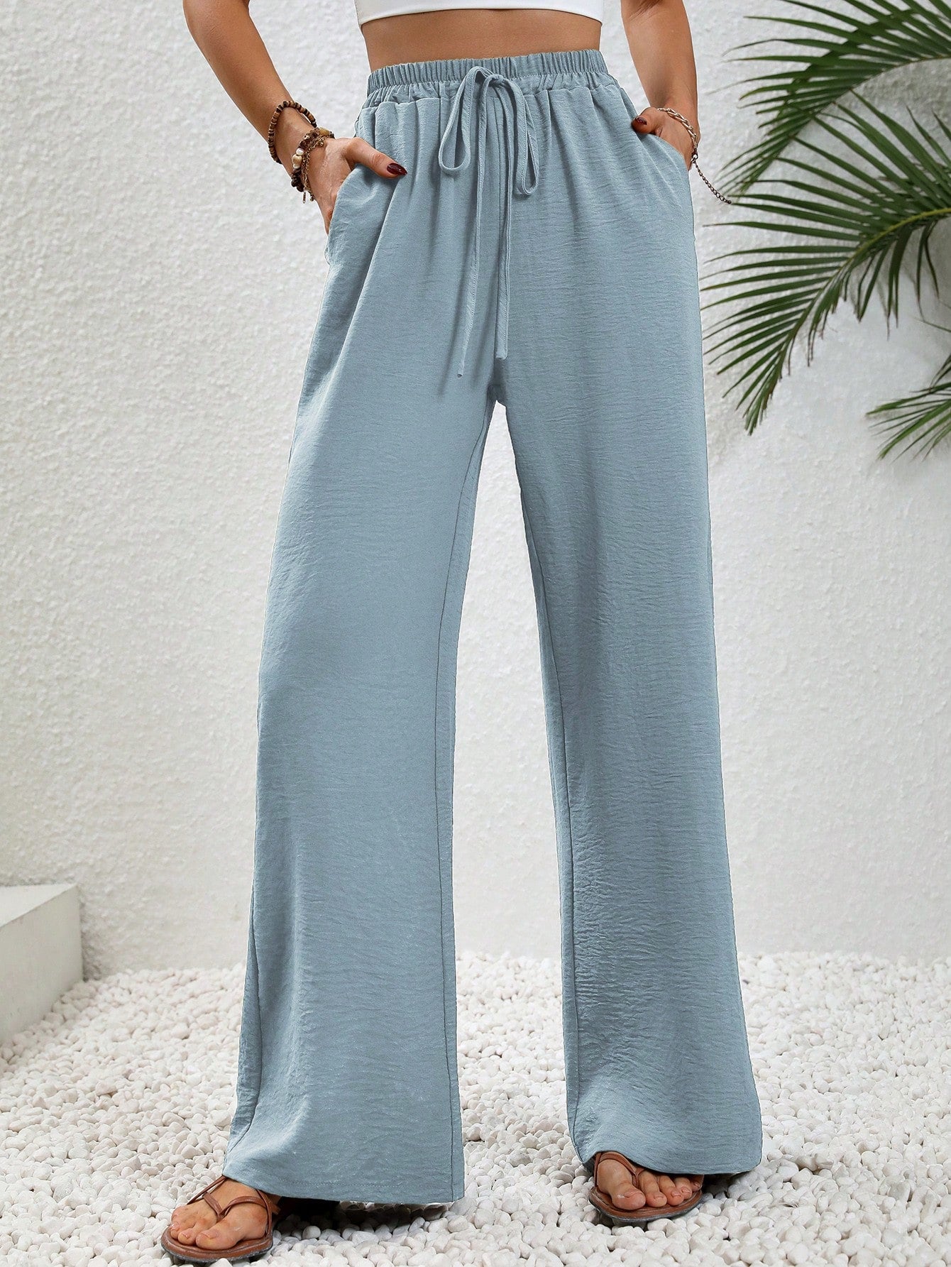 Women's Tie Waist Solid Color Straight Pants With Pockets