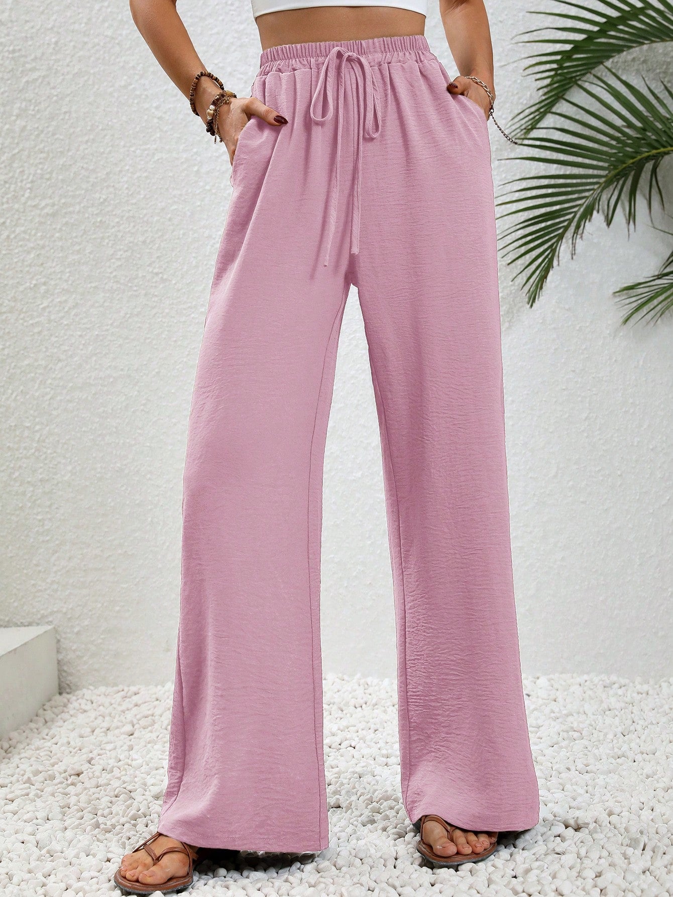 Women's Solid Color Waist-Tied Straight-Legged Wide Casual Pants With Pockets