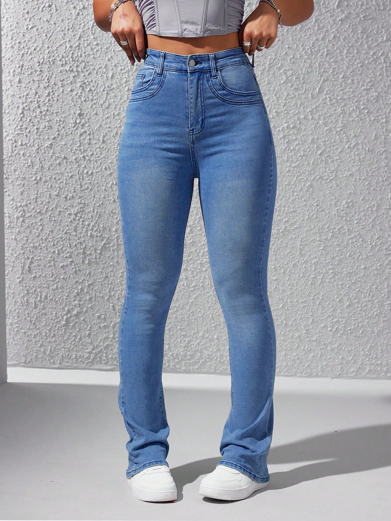 Washed Denim Blue High Waist Bleach Wash Flare Leg Jeans