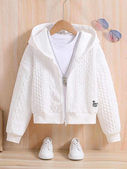 Tween Girl Solid Color Hooded Zipper Sweatshirt With Embroidered Letter Patch