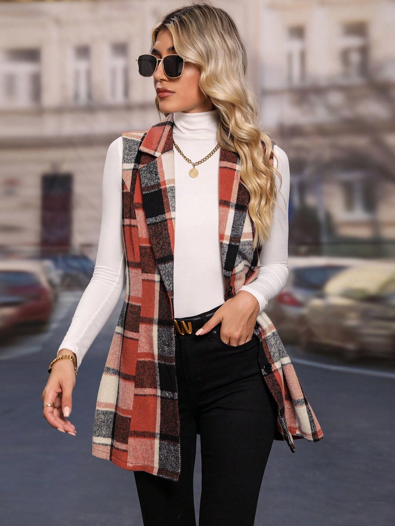 Plaid Lapel Neck Vest Coat