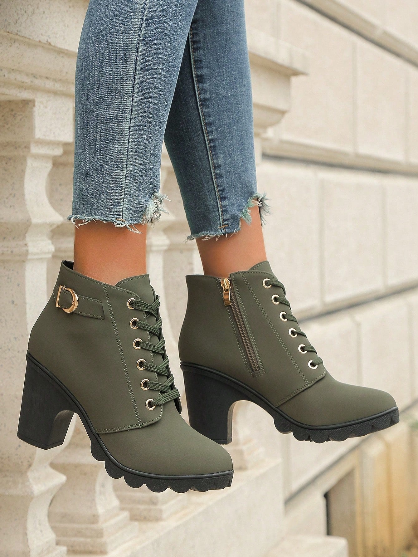 Elegant Ladies' Fashion Suede Boots With Buckle Decoration, Front Lace-Up, Side Zipper And Chunky Heels