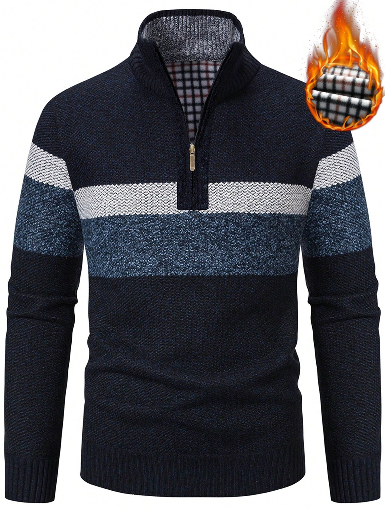 Men Color Block Quarter Zip Thermal Lined Sweater