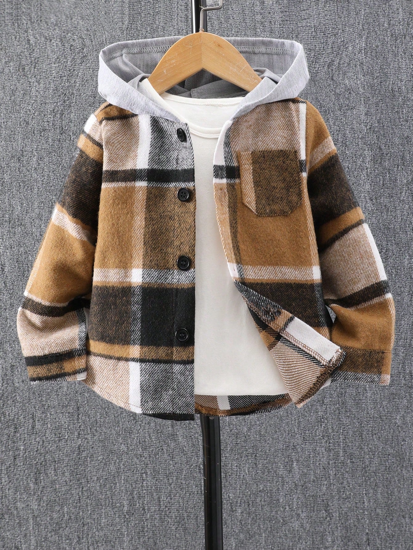 Young Boy Plaid Patched Pocket Hooded Coat Without Tee