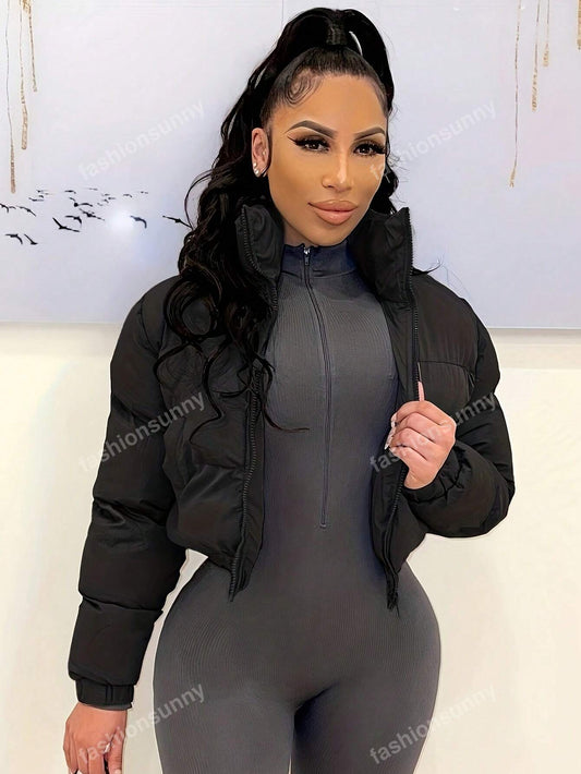 Solid Zip Up Crop Winter Coat