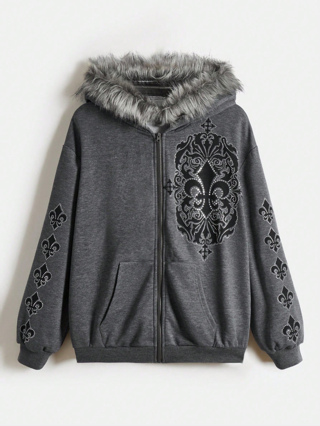 Fairycore Hooded Sweatshirt With Rhinestone Detailing, Drop Shoulder, Zipper, And Raw Edge Hem