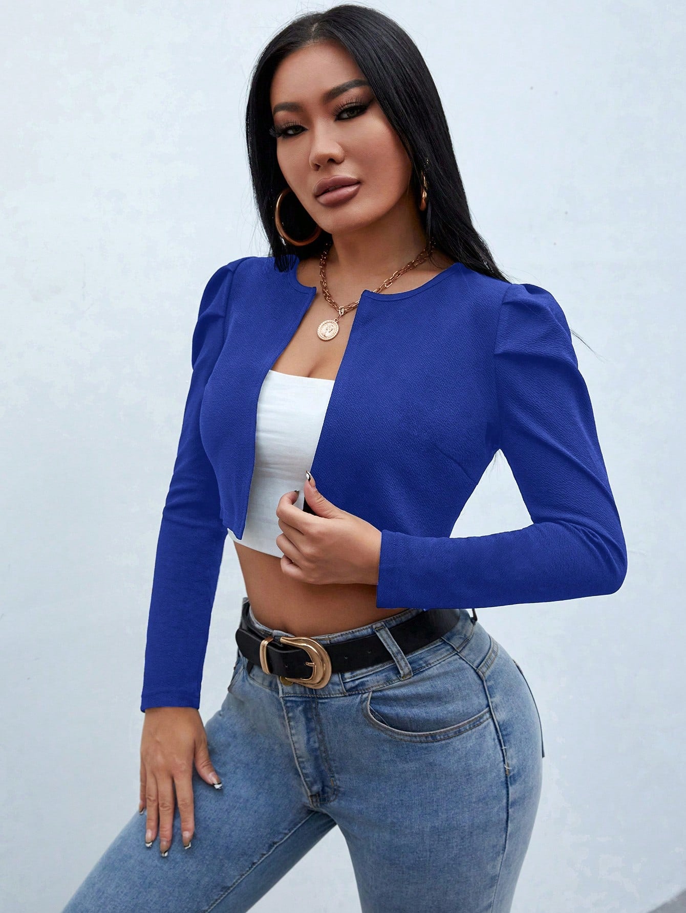 PETITE Solid Color Puff Sleeve Cropped Jacket