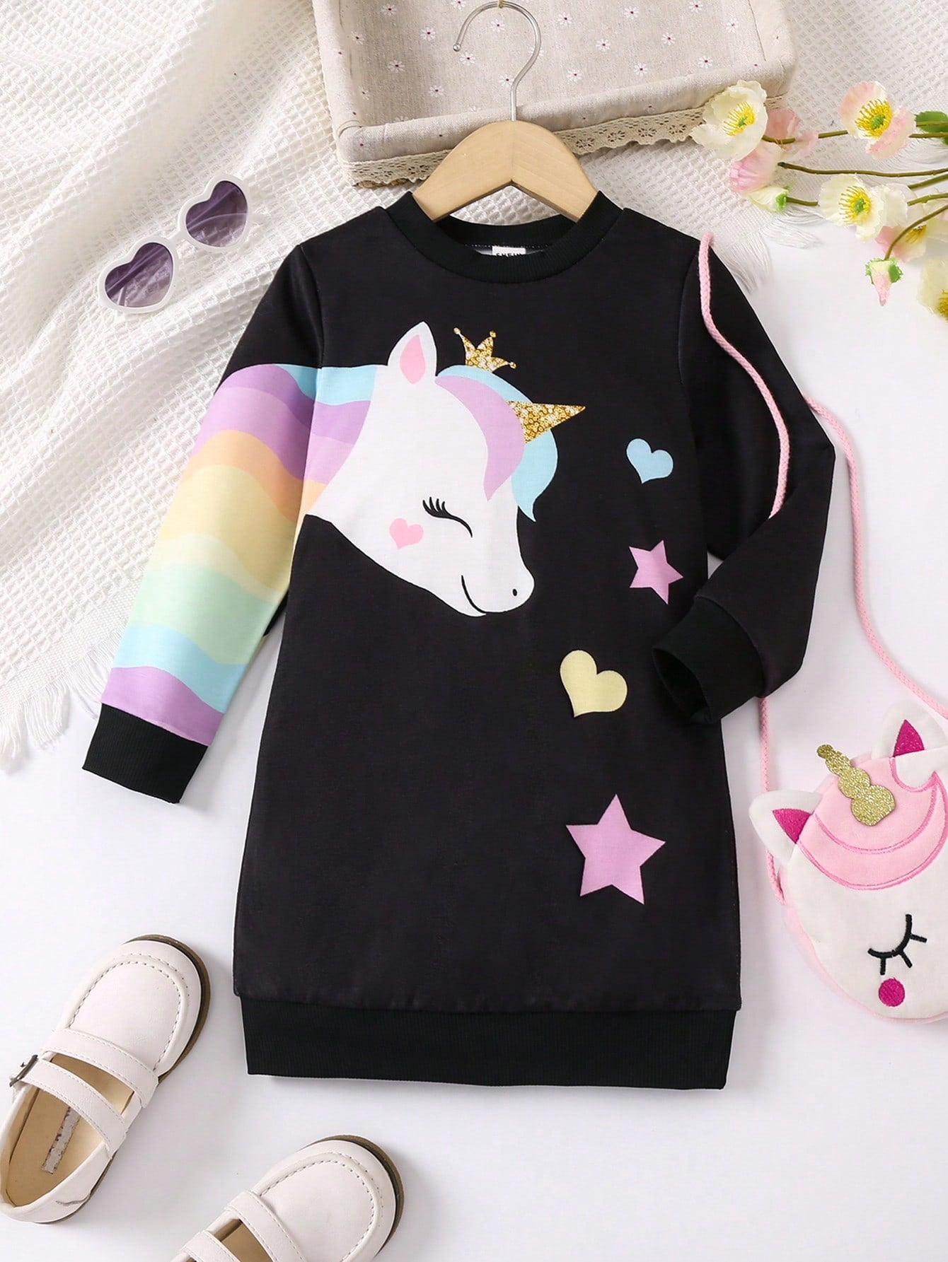 Young Girl Unicorn Print Sweatshirt Dress