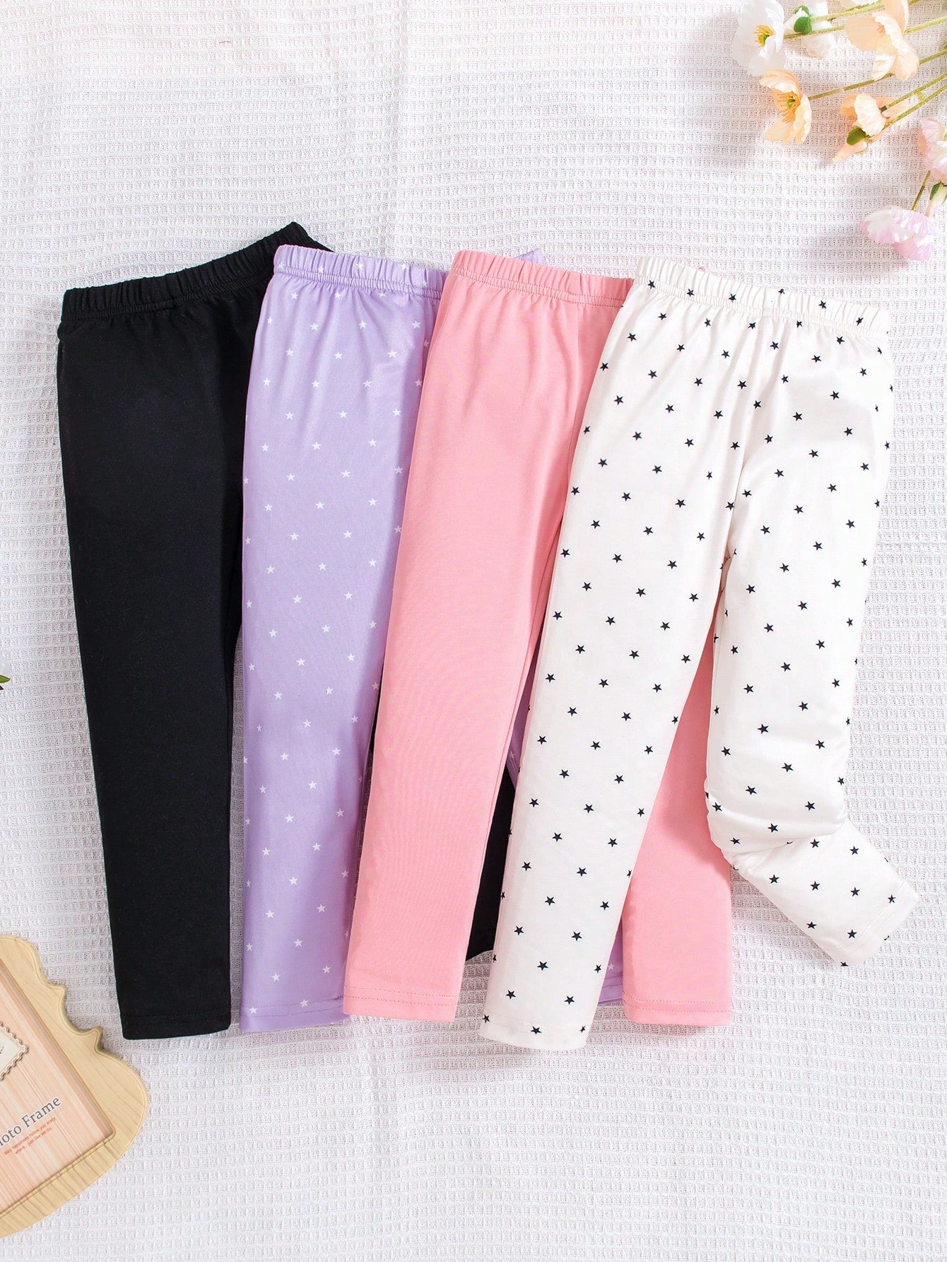 Young Girl 4pcs/Set Solid Color Leggings With Star Print, Winter