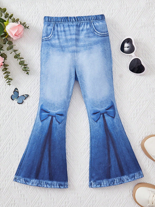 Young Girl Denim-Effect Print Flare Leg Pants