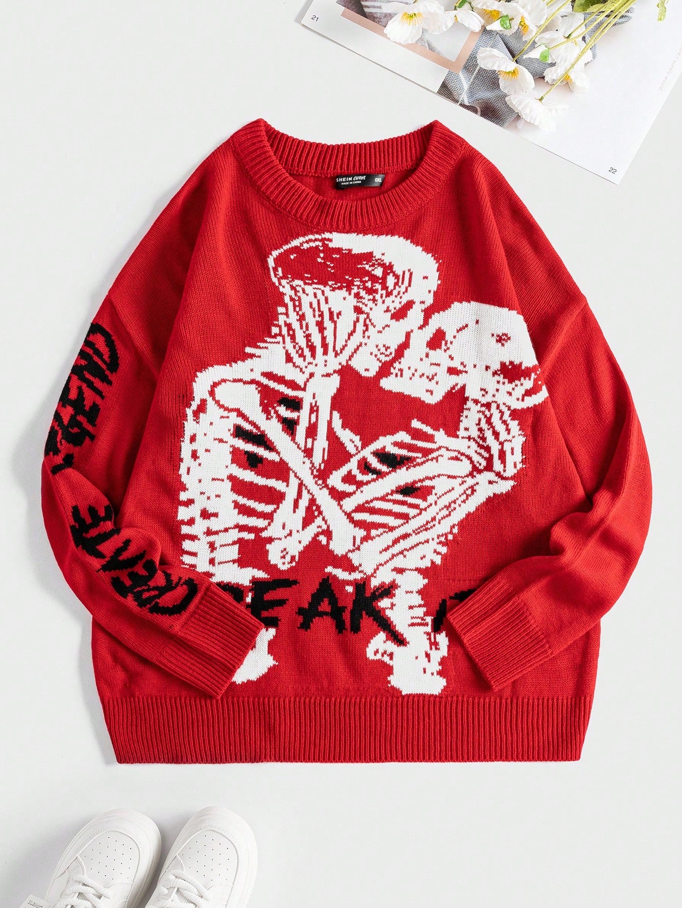 Plus Skeleton & Letter Pattern Drop Shoulder Sweater