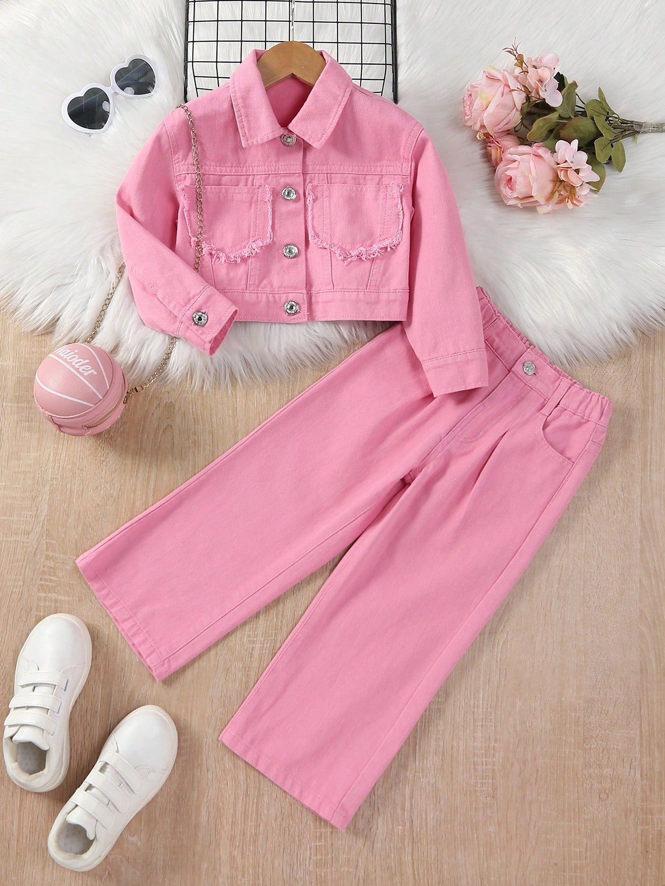 Young Girl Patch Pocket Denim Jacket & Wide Leg Jeans