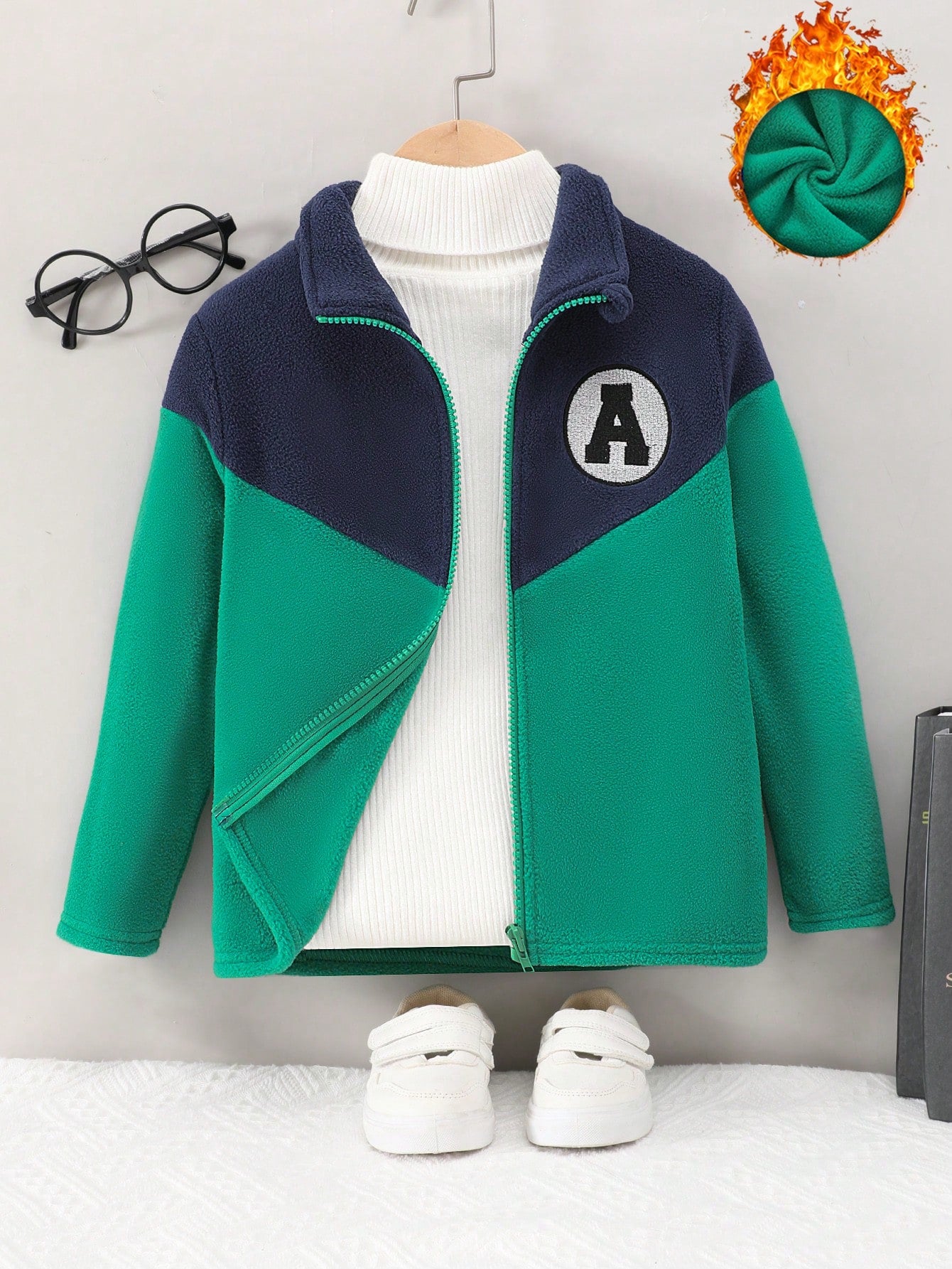 Young Boy Letter Embroidery Two Tone Fleece Coat Without Sweater