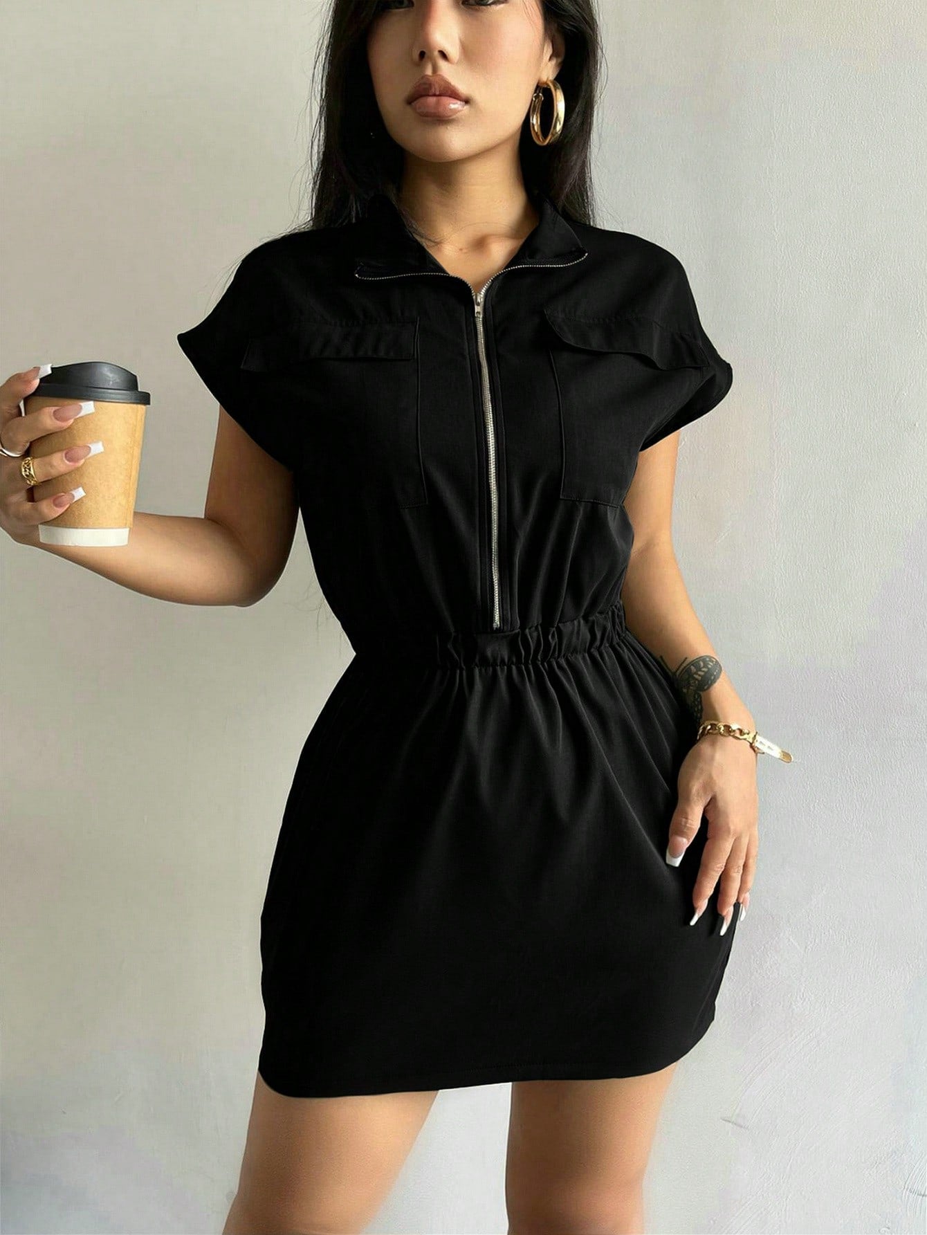 Women's Summer Solid Color Batwing Short Sleeve Workwear Pocket Zipper Half Placket Casual Shirt Dress