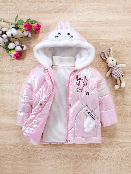 Young Girl Rabbit Print 3D Ears Design Hooded Winter Coat Without Sweater