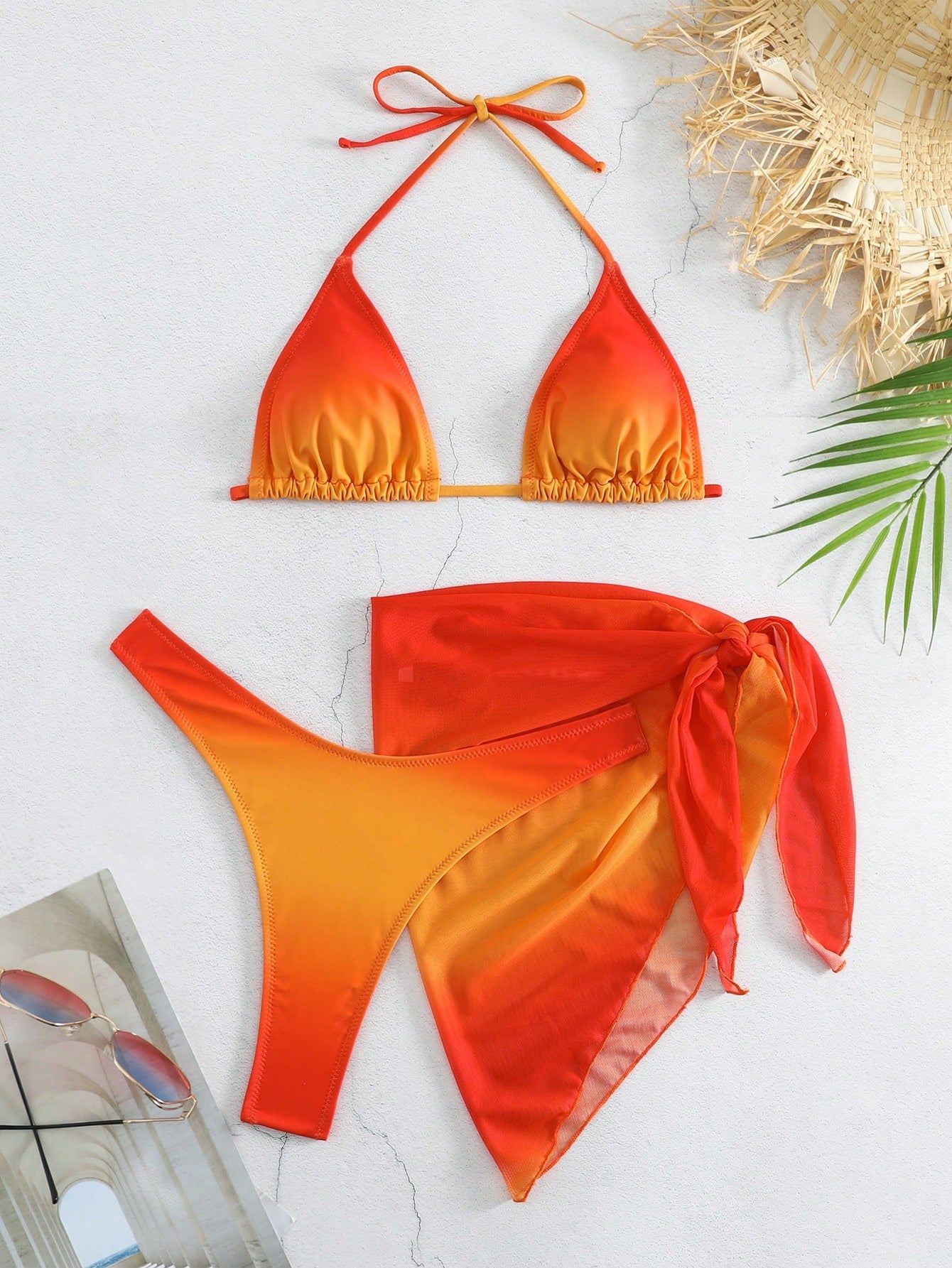 Fashionable & Sexy 3pcs Mesh Beach Cover Up Skirt & Halter Bra & Swim Bottom Bikini Set Bathing Suit For Summer Beach