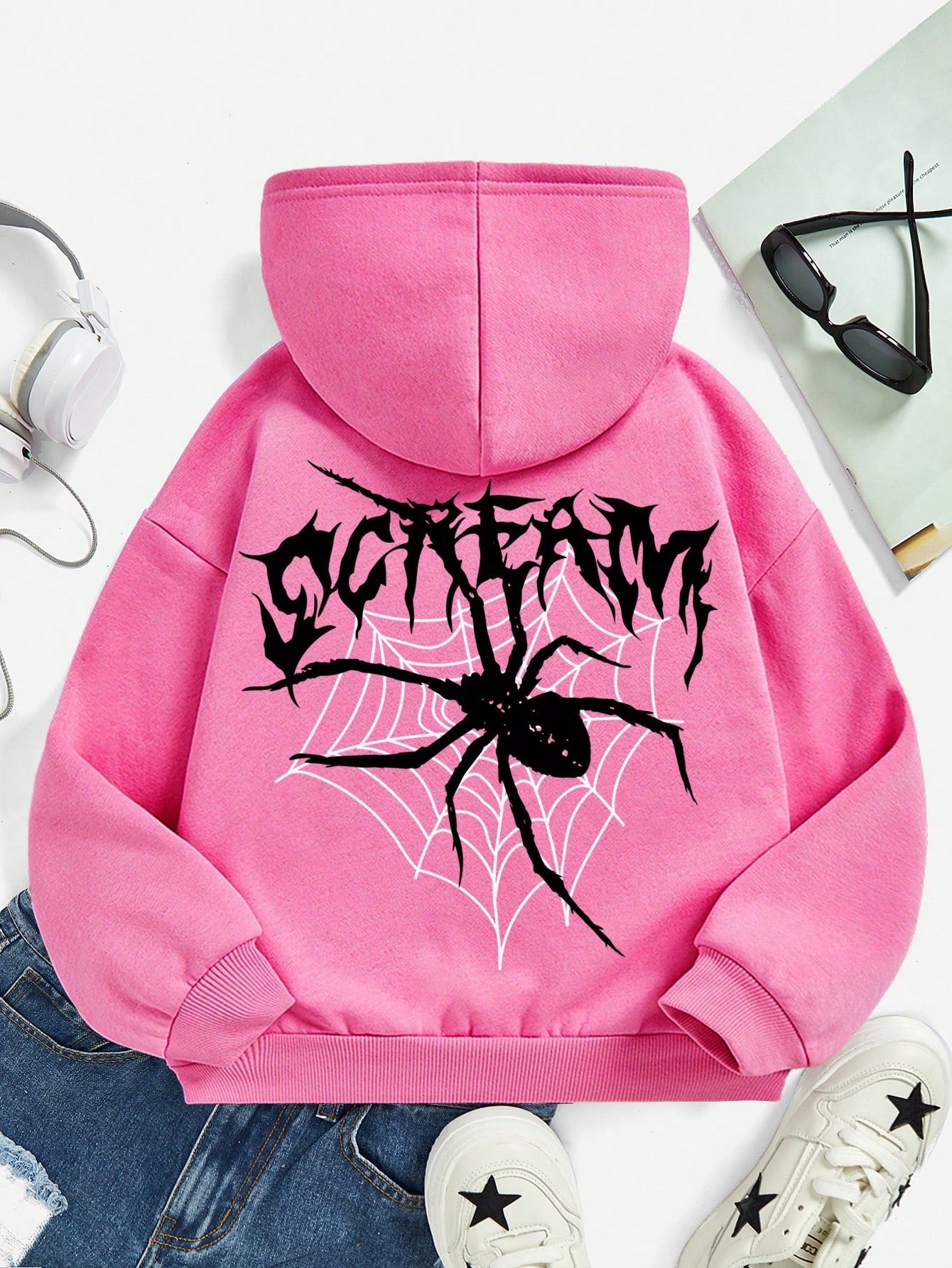 Tween Girls' Casual Simple Spider Pattern Long Sleeve Hoodie, Suitable For Autumn And Winter