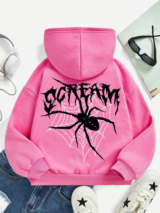 Tween Girls' Loose Fit Casual Spider & Letter Print Hooded Sweatshirt Suitable For Autumn And Winter