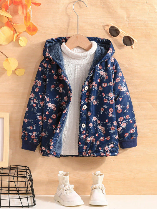 Young Girl 1pc Floral Print Hooded Thermal Lined Coat