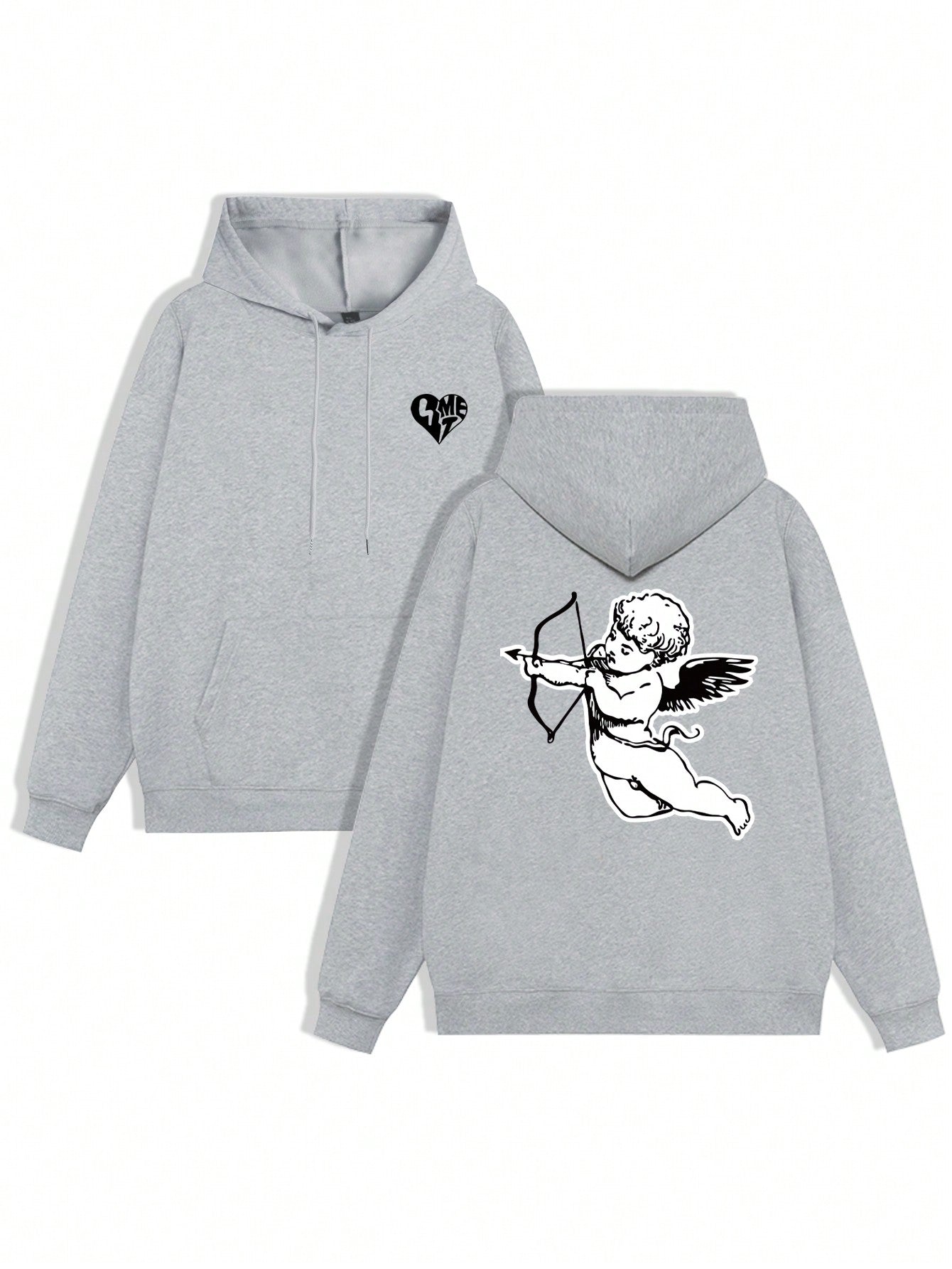 Men 1pc Heart & Angel Print Kangaroo Pocket Drawstring Hoodie