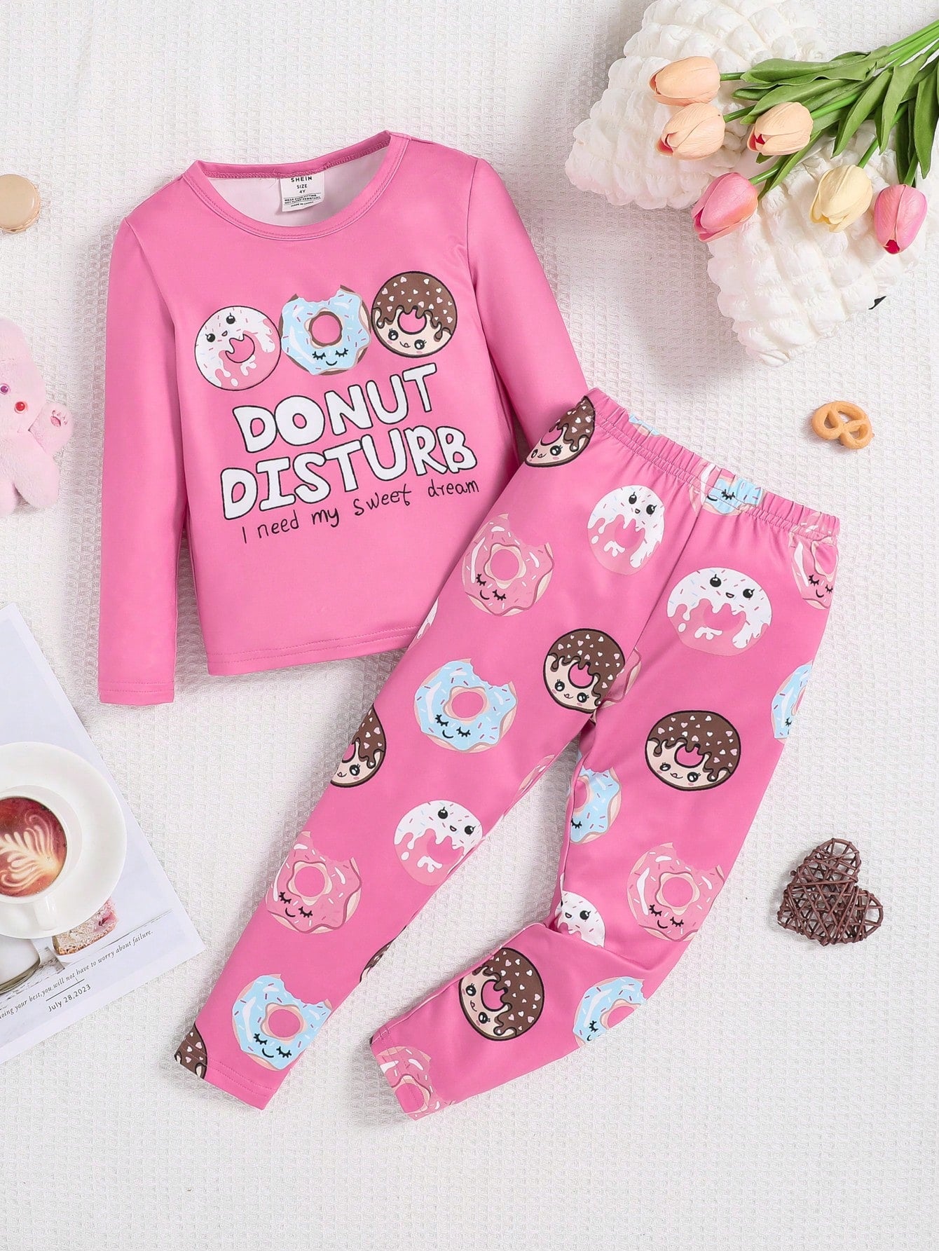 Young Girl Donut & Slogan Graphic Snug Fit PJ Set