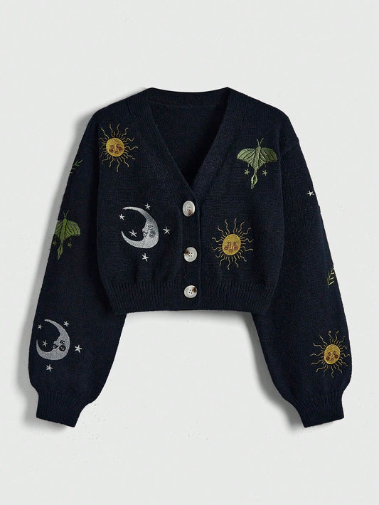 Plus Size Embroidered Stars & Moon Cardigan