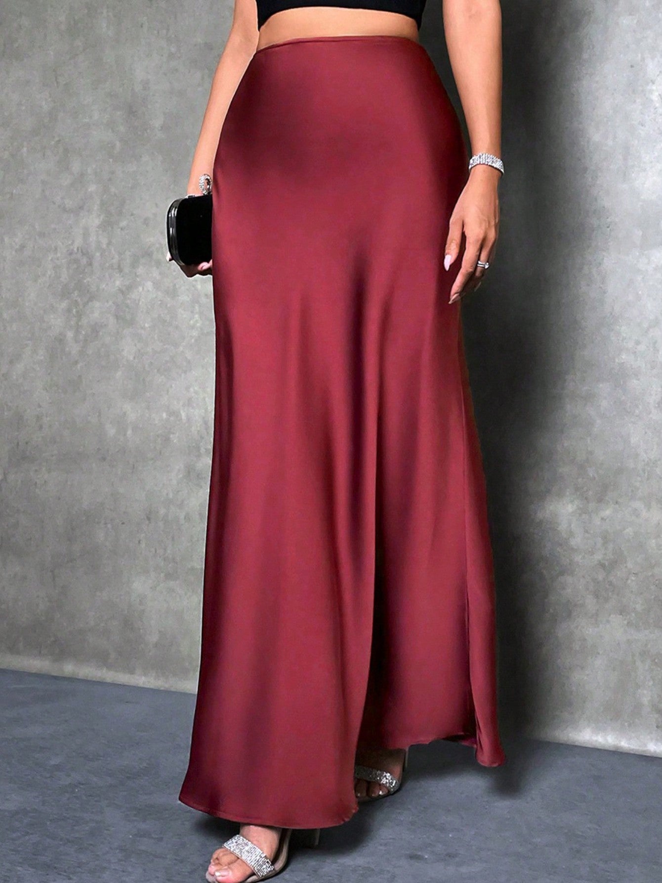 High Waist Solid Maxi Satin Skirt