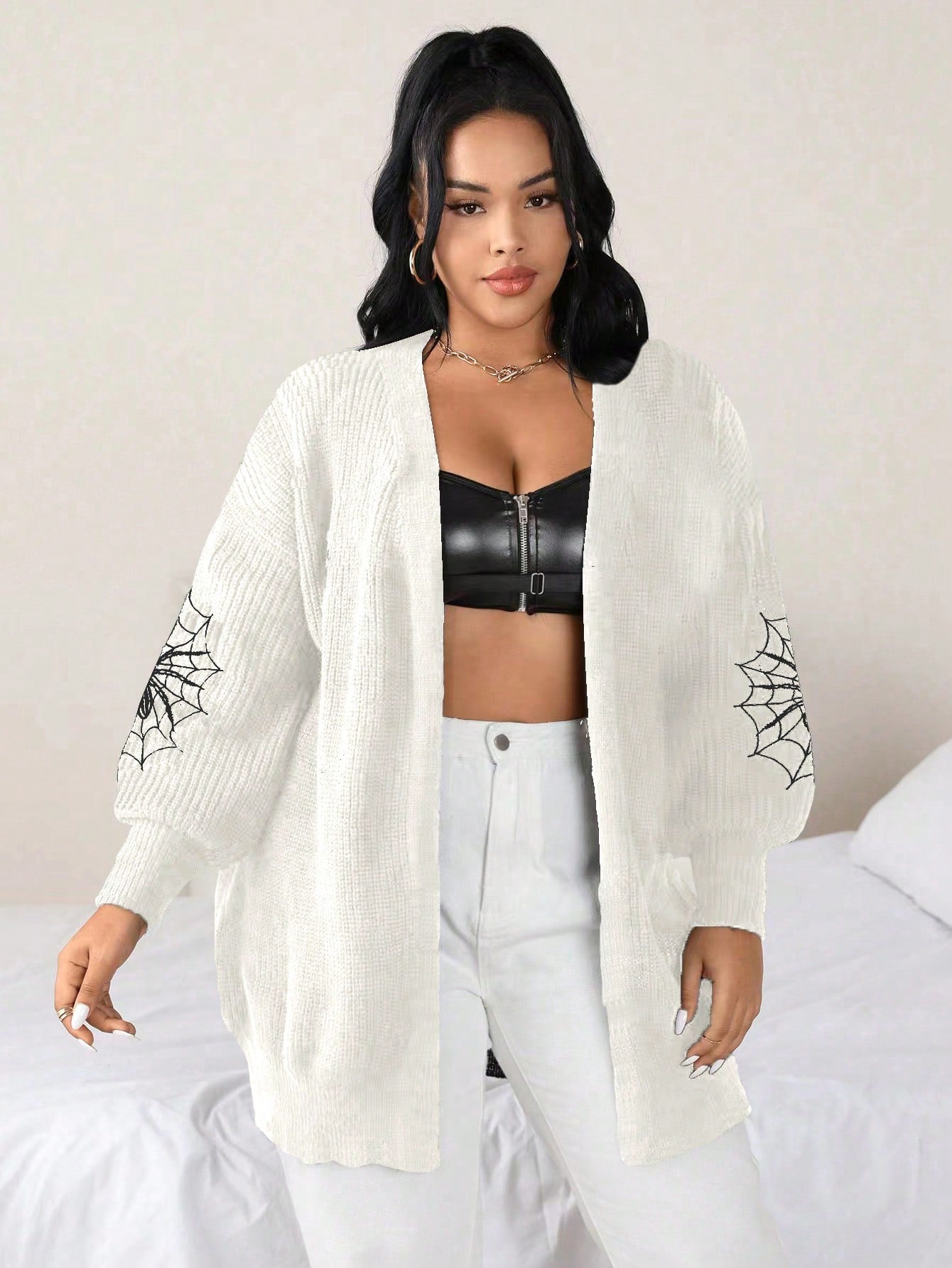 Plus Spider Web Embroidery Drop Shoulder Duster Cardigan