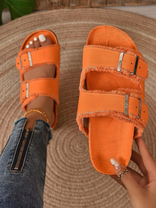 Women Buckle Decor Raw Trim Slide Sandals, Funky Summer Flat Sandals