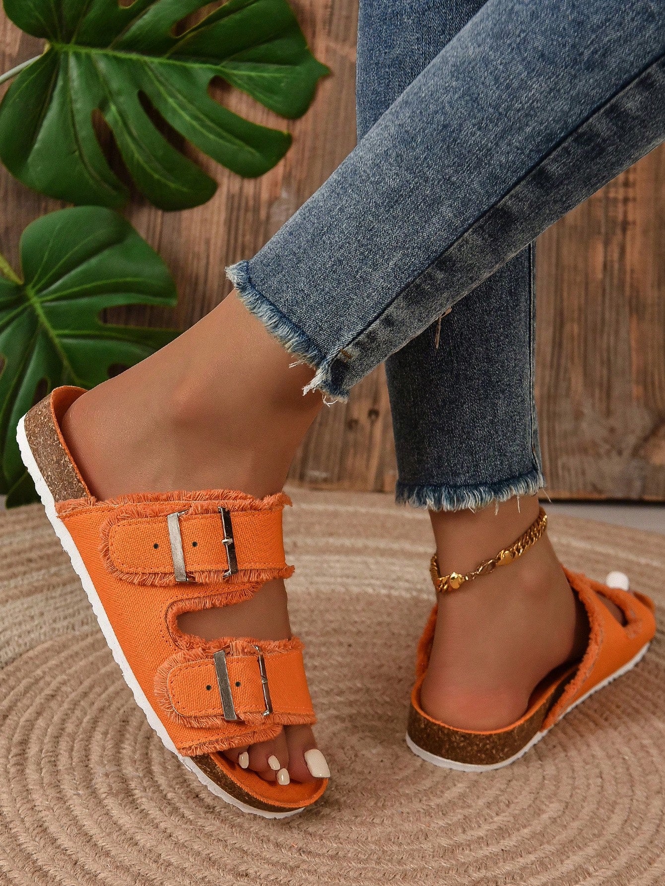 Women Buckle Decor Raw Trim Slide Sandals, Funky Summer Flat Sandals