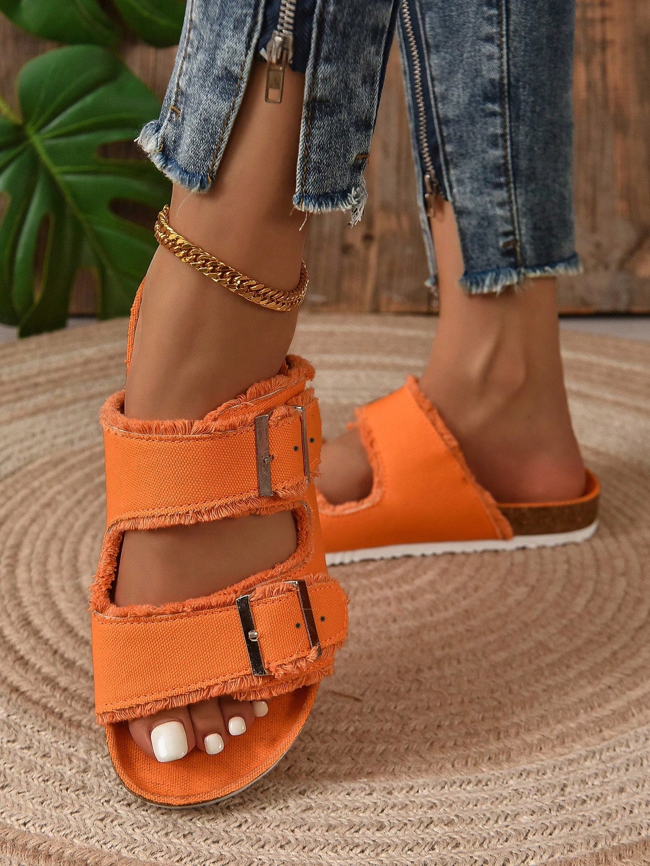 Women Buckle Decor Raw Trim Slide Sandals, Funky Summer Flat Sandals