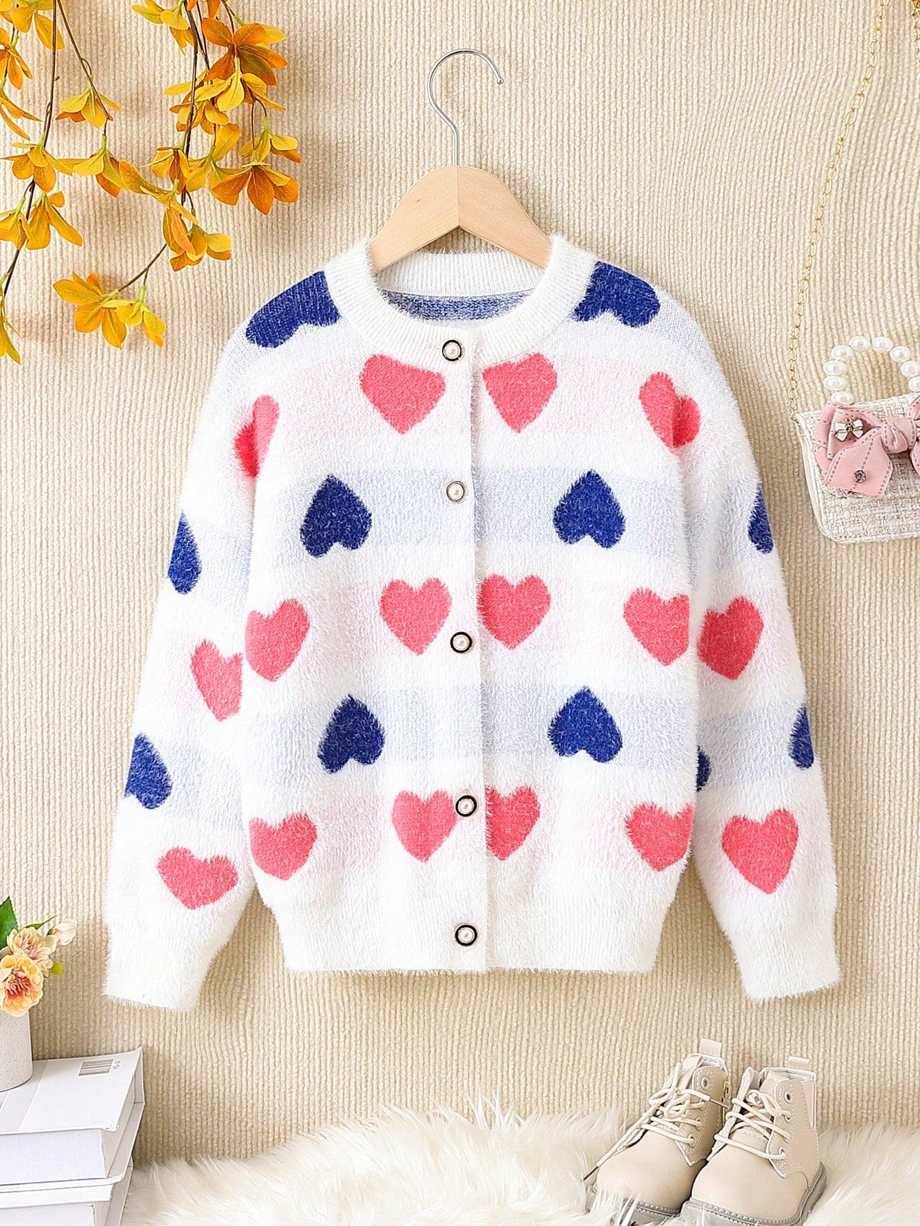 Young Girl Heart Pattern Drop Shoulder Cardigan