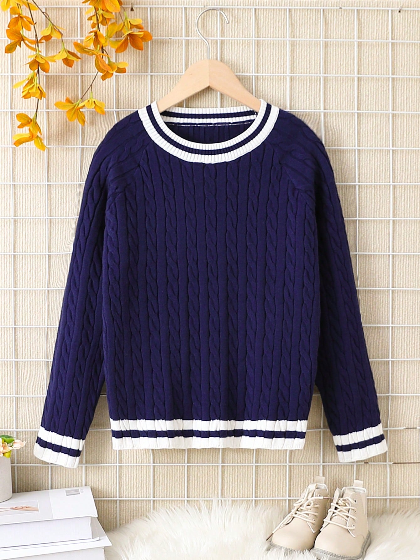 Tween Girl Striped Trim Raglan Sleeve Cable Knit Sweater