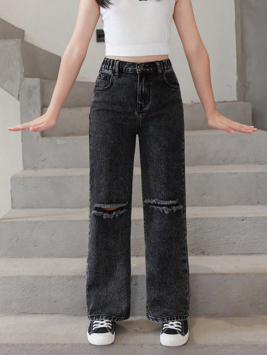 Tween Girl All-Match Wide-Legged Jeans With Rips, Casual And Versatile