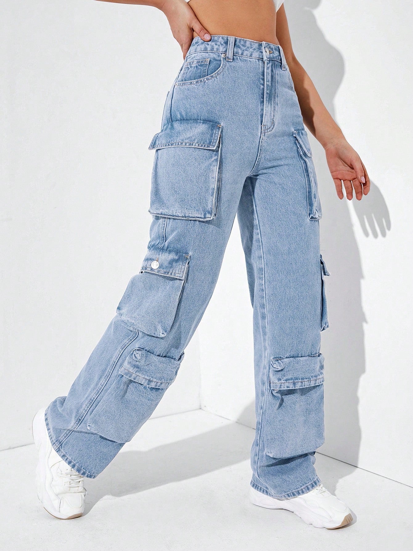 High Waisted Flap Pocket Cargo Jeans