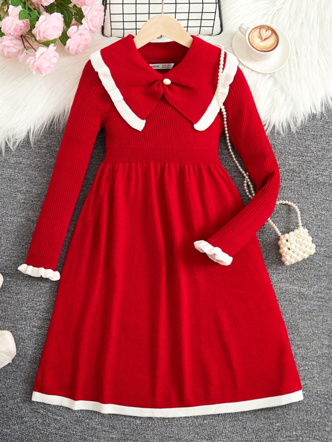 Tween Girl Contrast Trim Statement Collar Flare Sleeve Sweater Dress