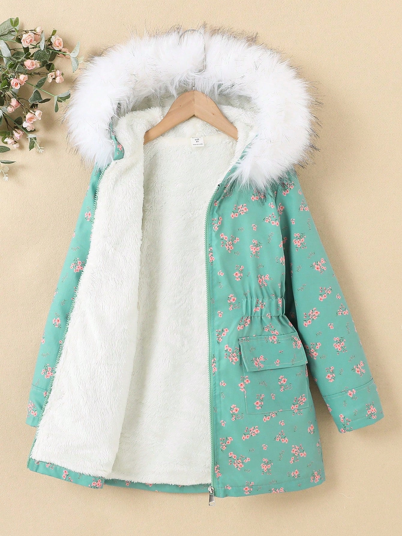 Tween Girl Floral Print Fuzzy Trim Hooded Thermal Lined Coat