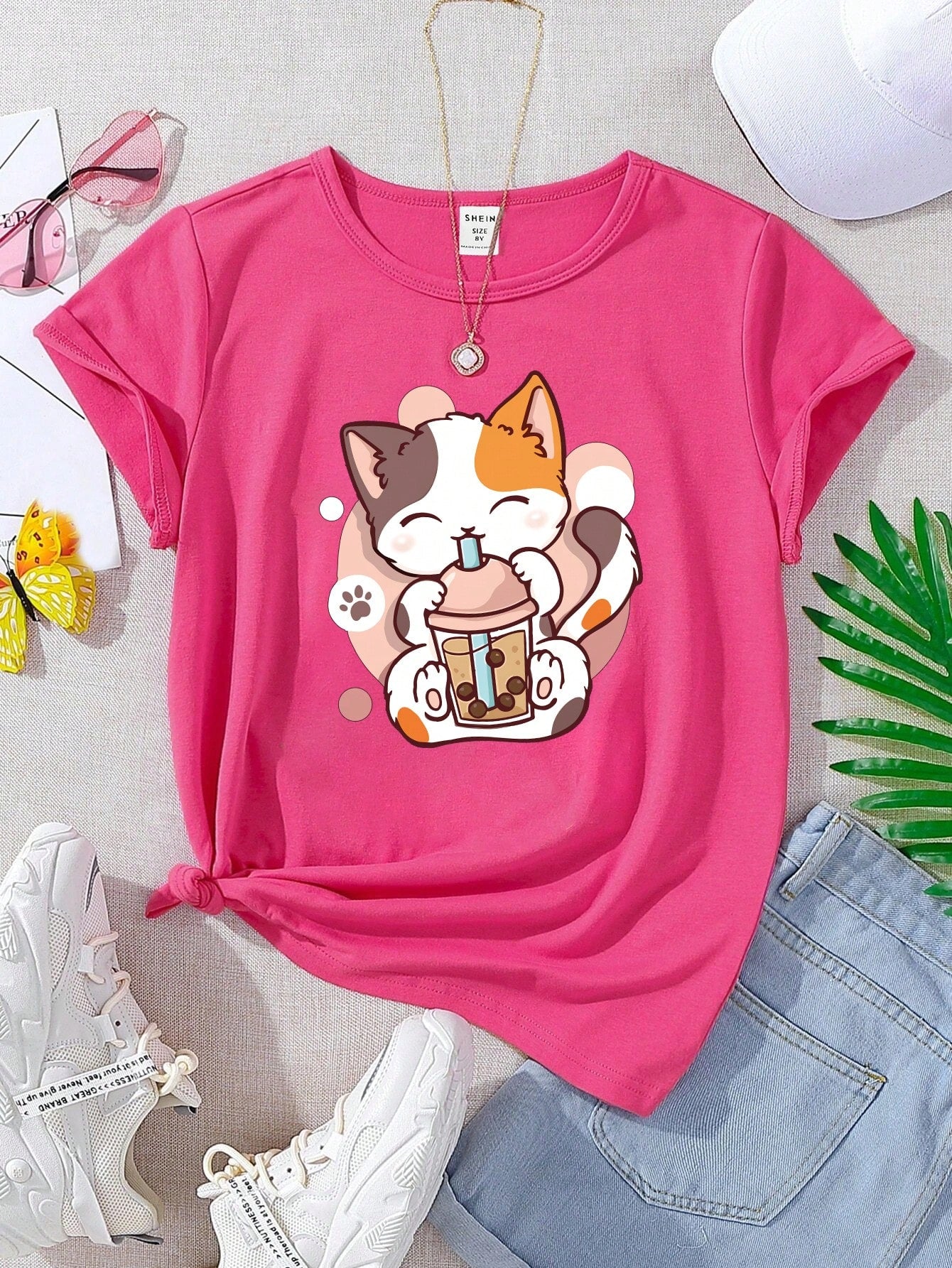 Tween Girl Funny Boba Milk Tea & Cat Pattern Round Neck Short Sleeve T-Shirt